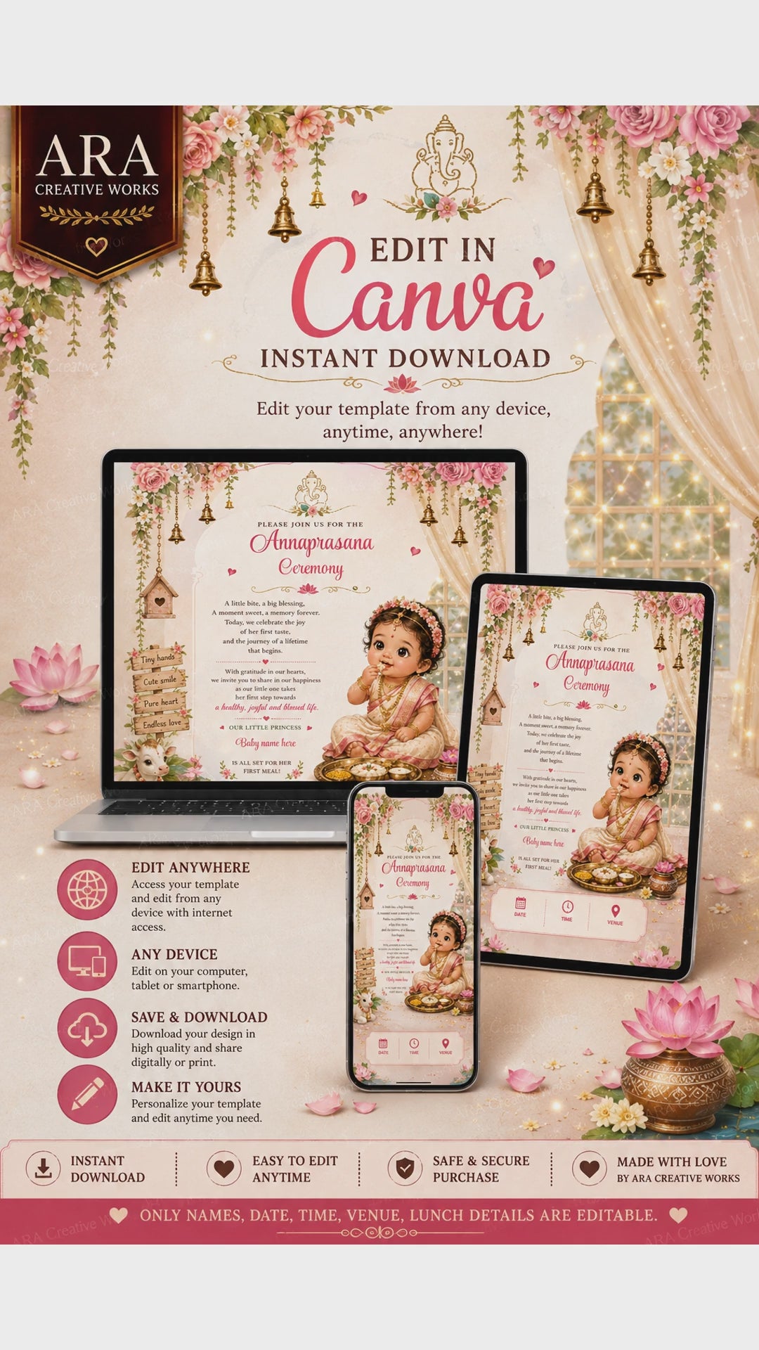 Little Princess Floral Annaprasana Invitation | Editable Canva Template | Instant Download