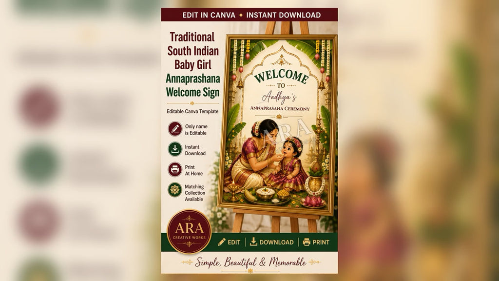 Traditional South Indian Baby Girl Annaprashana Welcome Sign, Annaprasana Ceremony Canva Template, First Rice Ceremony Welcome Board