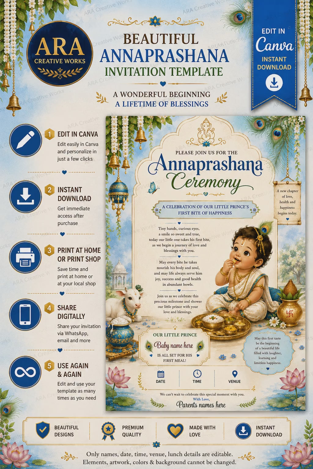 Royal Blue Krishna Annaprashana Invitation | Editable Canva First Rice Ceremony Invitation | Digital Download