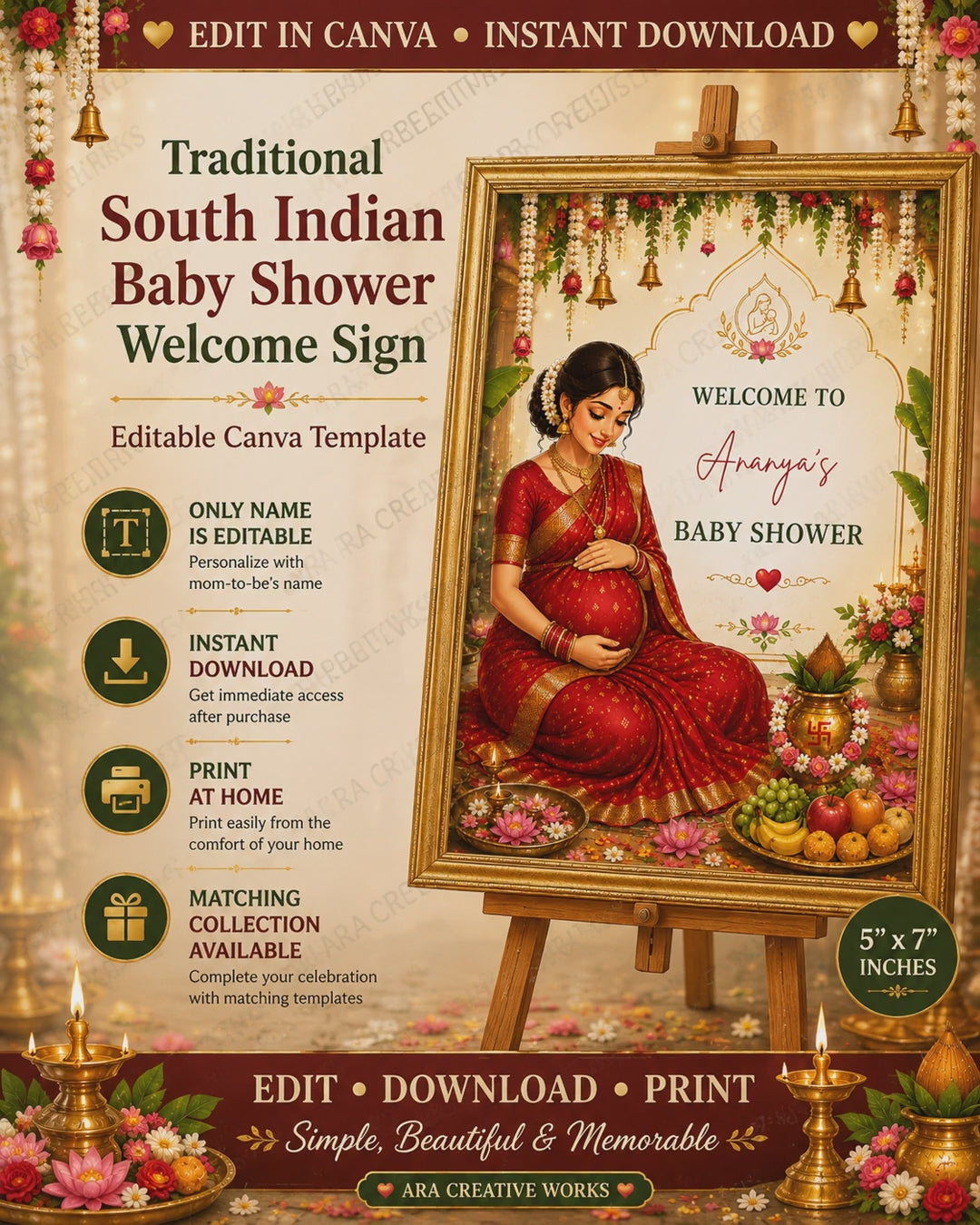 Traditional South Indian Baby Shower Welcome Sign | Editable Canva Template | Seemantham Welcome Board | Indian Baby Shower Digital Sign