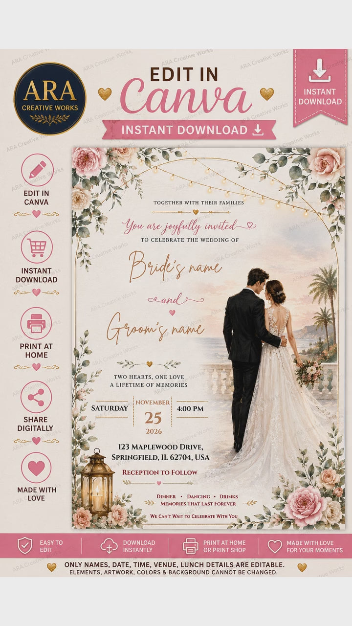 Elegant Coastal Wedding Invitation Template | Editable Canva Wedding Invite | Instant Download