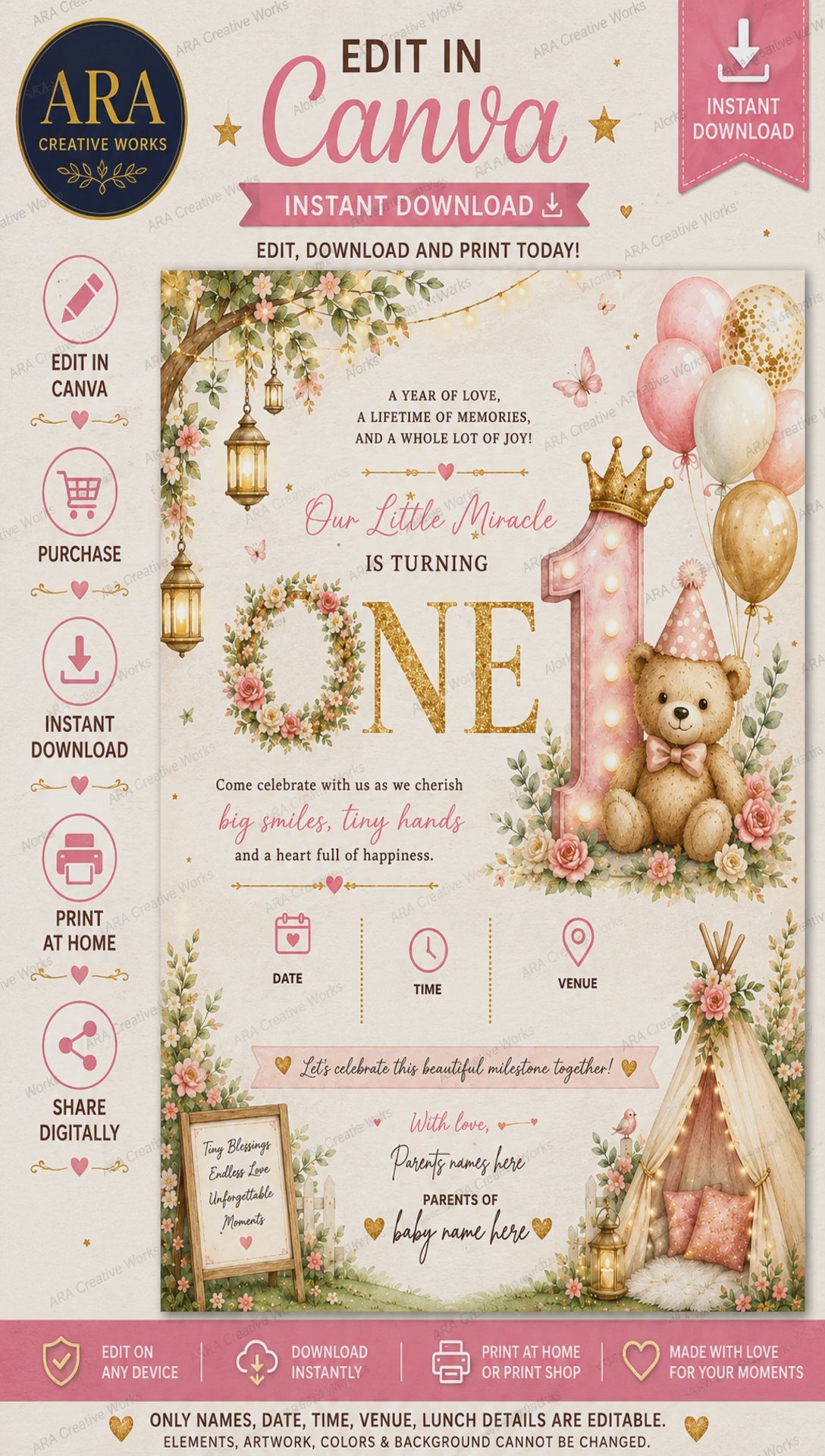 Boho Floral Teddy 1st Birthday Invitation Template | Editable Canva Teddy Bear Birthday Invite | Instant Digital Download