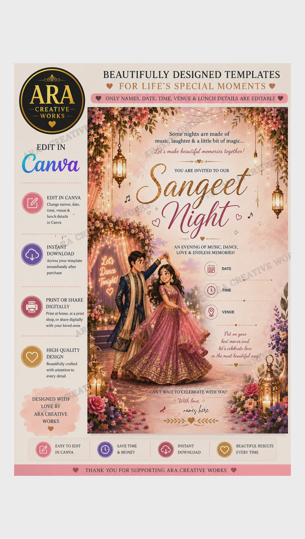 Royal Twilight Sangeet Night Invitation Template | Editable in Canva | Instant Download