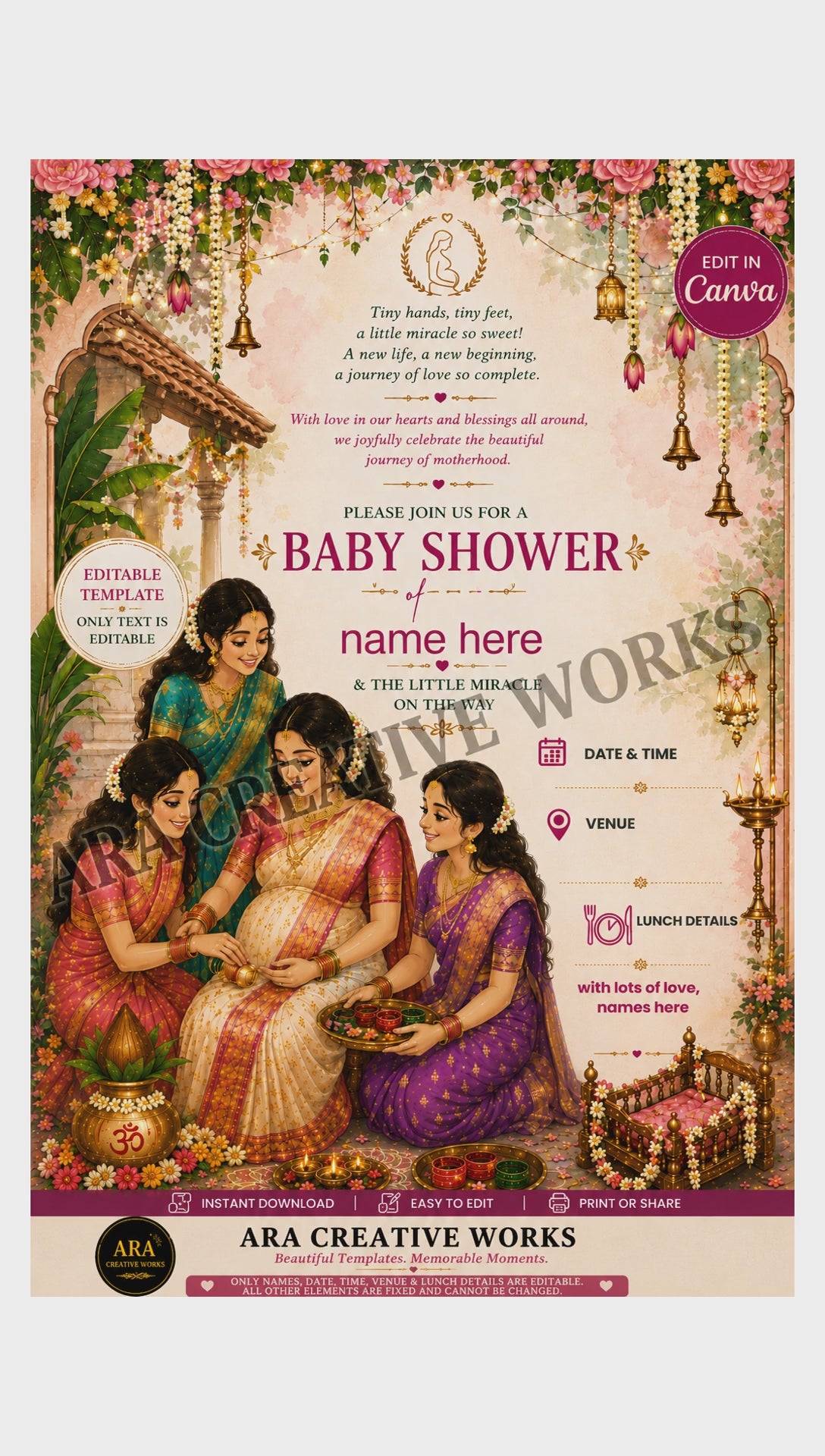 Traditional Seemantham Invitation | Editable Canva Baby Shower Invitation | Digital Download