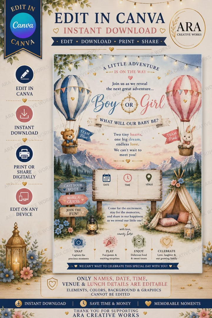 Adventure Awaits Gender Reveal Invitation Template | Canva Editable | Instant Download