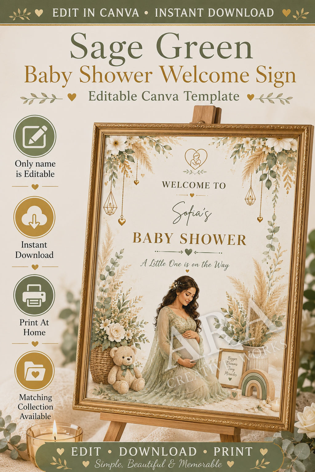 Sage Green Baby Shower Welcome Sign, Editable Canva Template, Boho Floral Baby Shower Sign, Neutral Baby Shower Decor