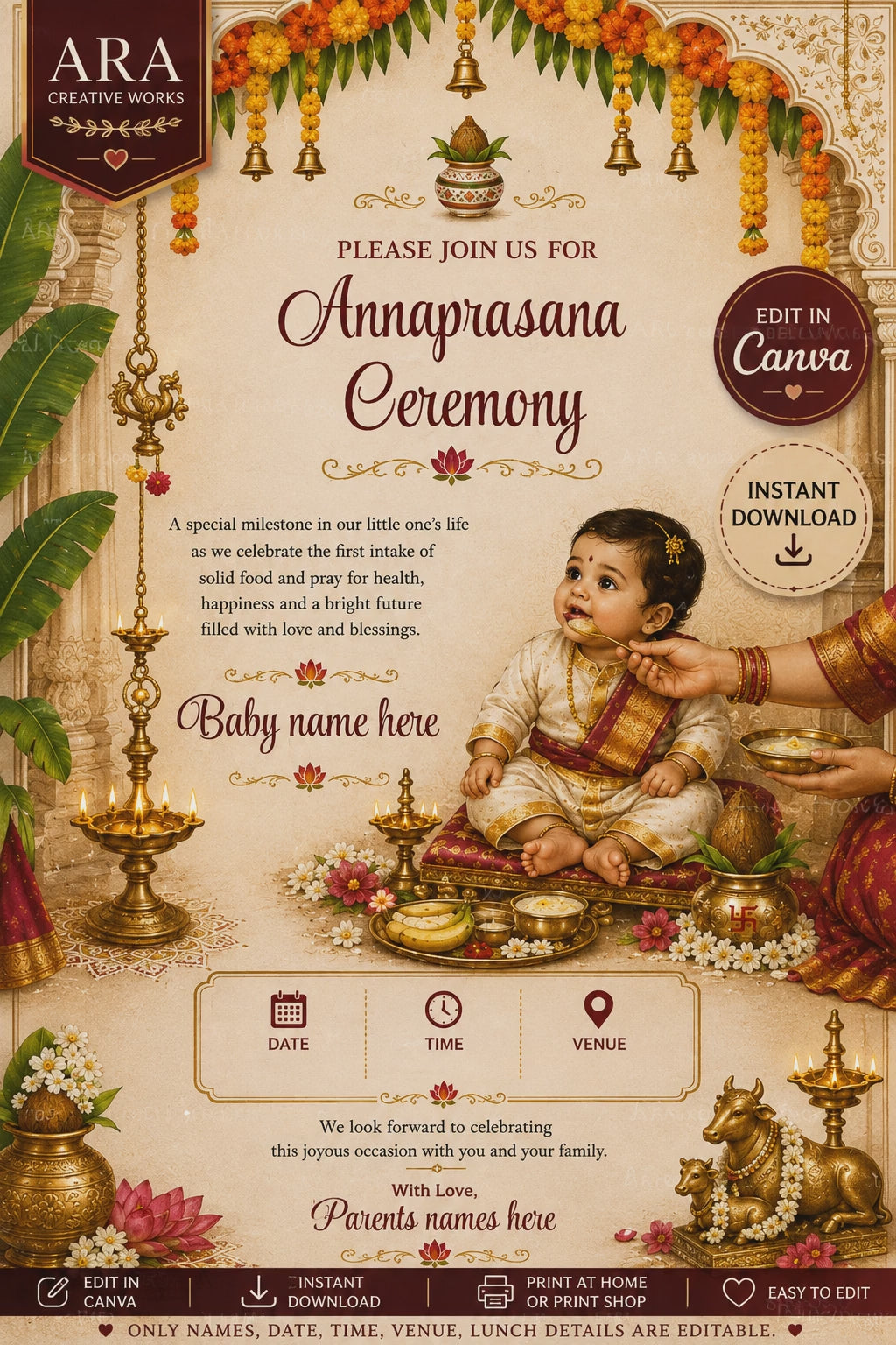 Traditional Annaprasana Ceremony Invitation Template | Editable Canva Invitation | Instant Digital Download