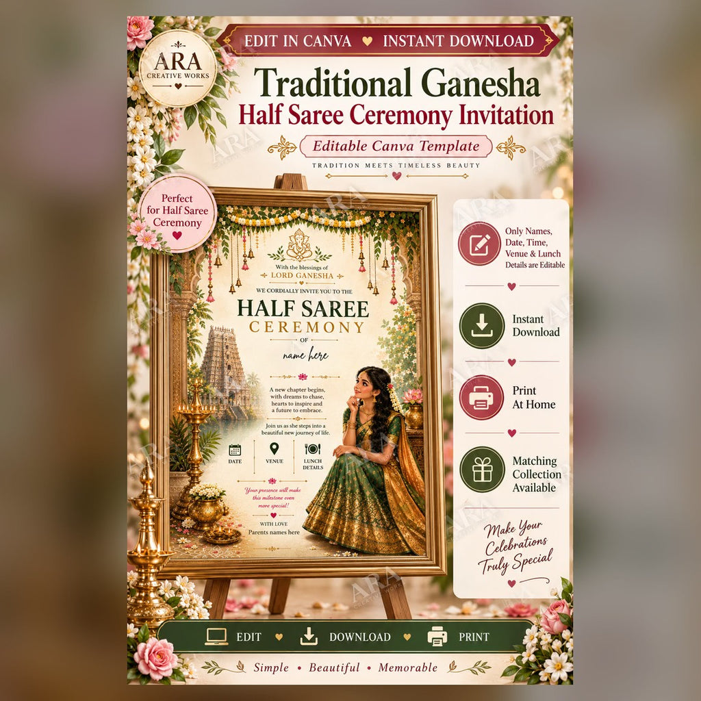 Traditional Ganesha Half Saree Ceremony Invitation | Editable Canva Template | South Indian Half Saree Invite | Instant Download