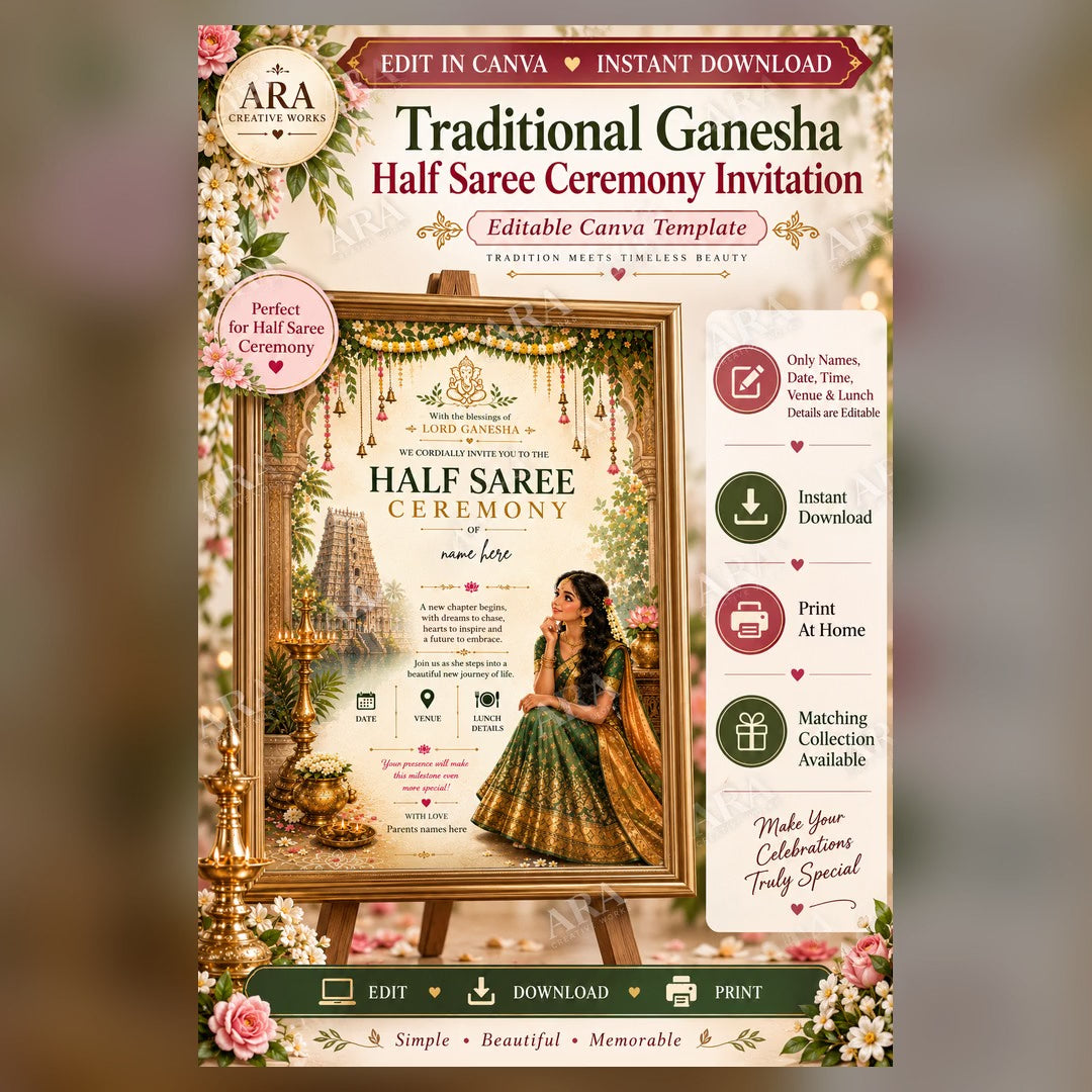Traditional Ganesha Half Saree Ceremony Invitation | Editable Canva Template | South Indian Half Saree Invite | Instant Download