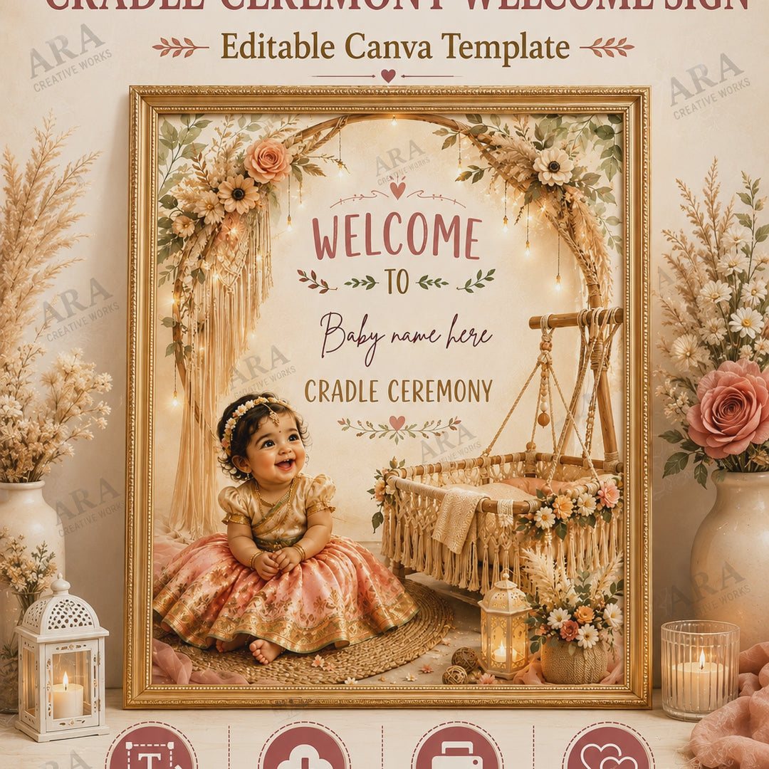 Boho Baby Girl Cradle Ceremony Welcome Sign, Indian Naming Ceremony Welcome Board, Namakaranam Canva Template, Digital Download