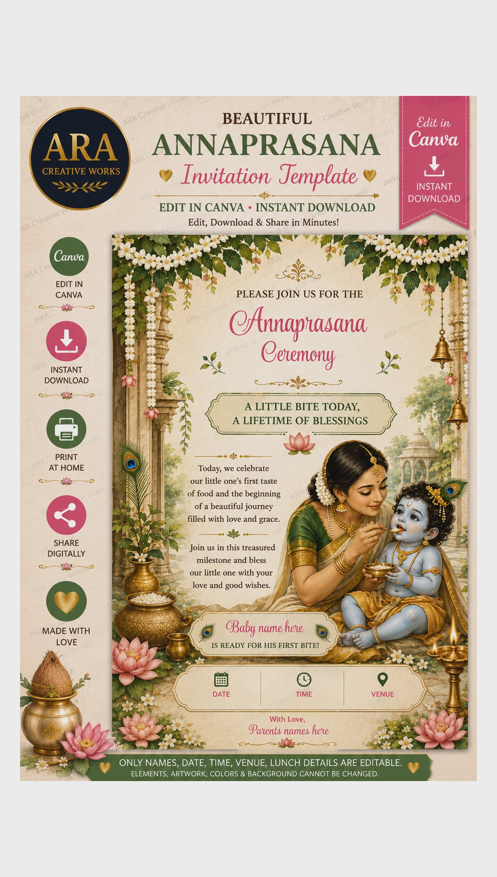Yashoda Krishna Annaprasana Invitation Template | Editable Canva Invitation | Baby First Rice Ceremony Digital Download