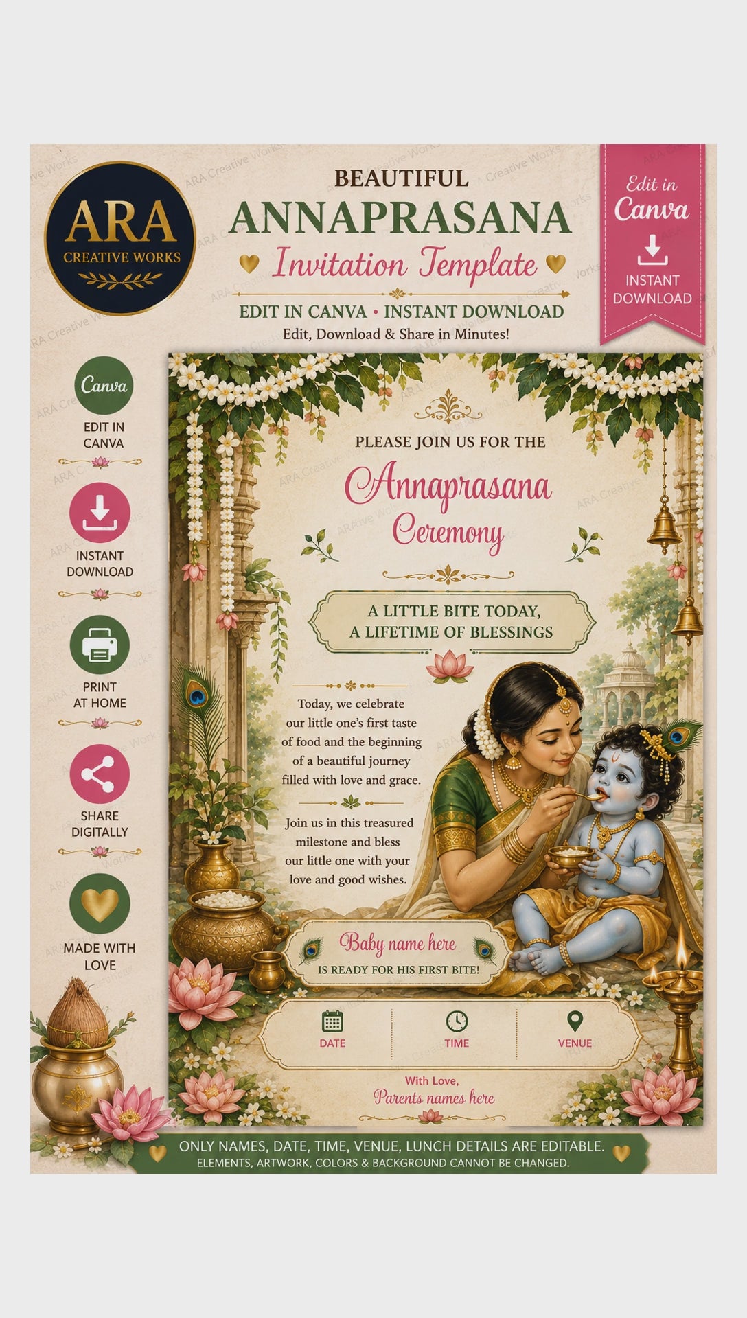 Yashoda Krishna Annaprasana Invitation Template | Editable Canva Invitation | Baby First Rice Ceremony Digital Download
