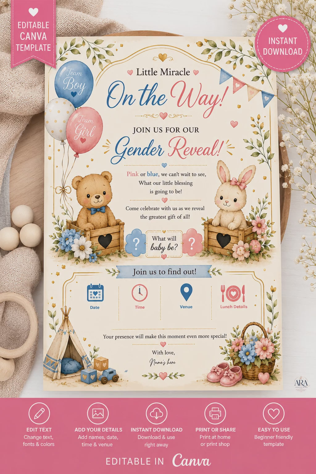 Sage Teddy Bear Gender Reveal Invitation Template | Editable Canva Invite | Instant Download