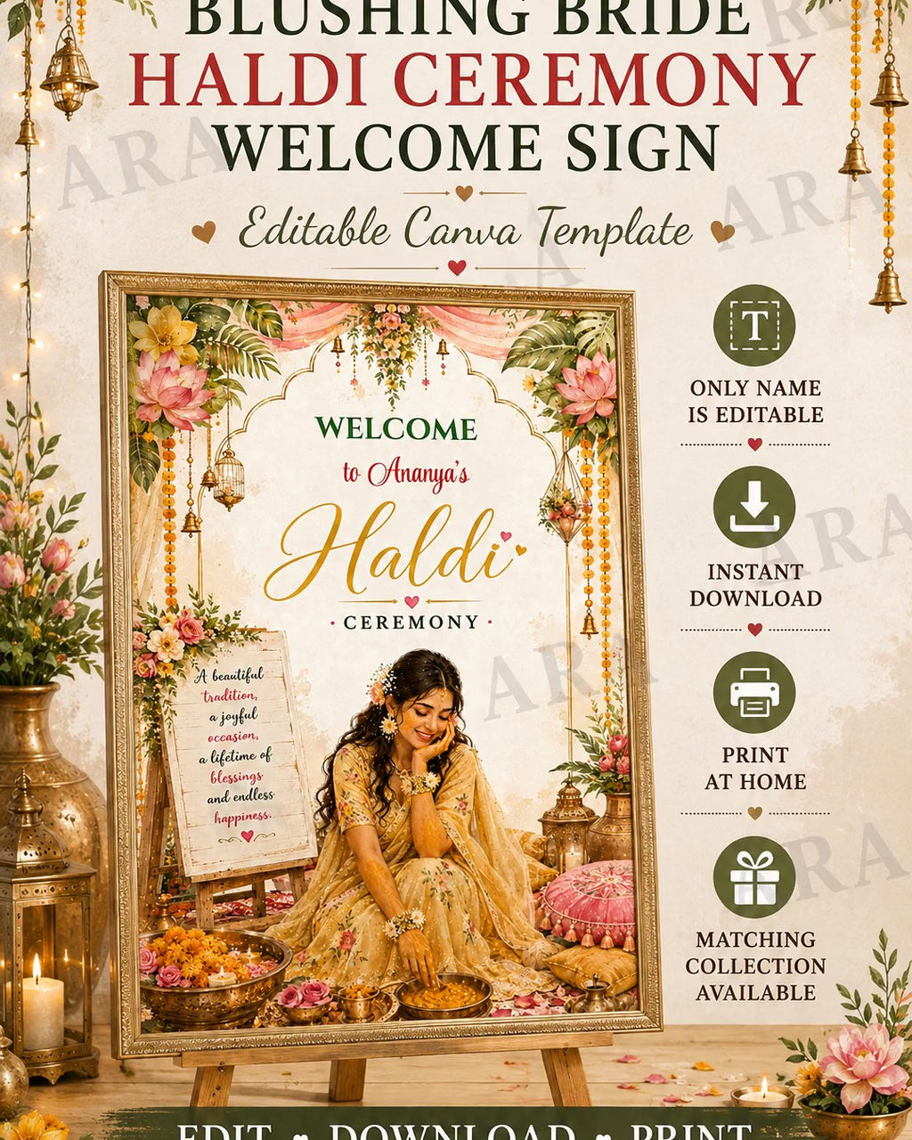Blushing Bride Haldi Ceremony Welcome Sign | Editable Canva Haldi Welcome Board | Indian Wedding Haldi Decor | Digital Download