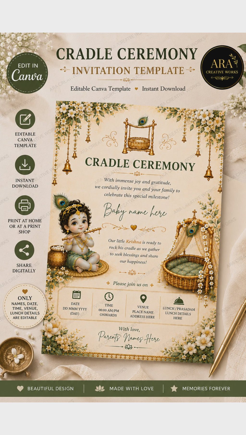 Traditional Krishna Cradle Ceremony Invitation | Editable Canva Template | Marigold Baby Naming Ceremony Invite | Instant Download