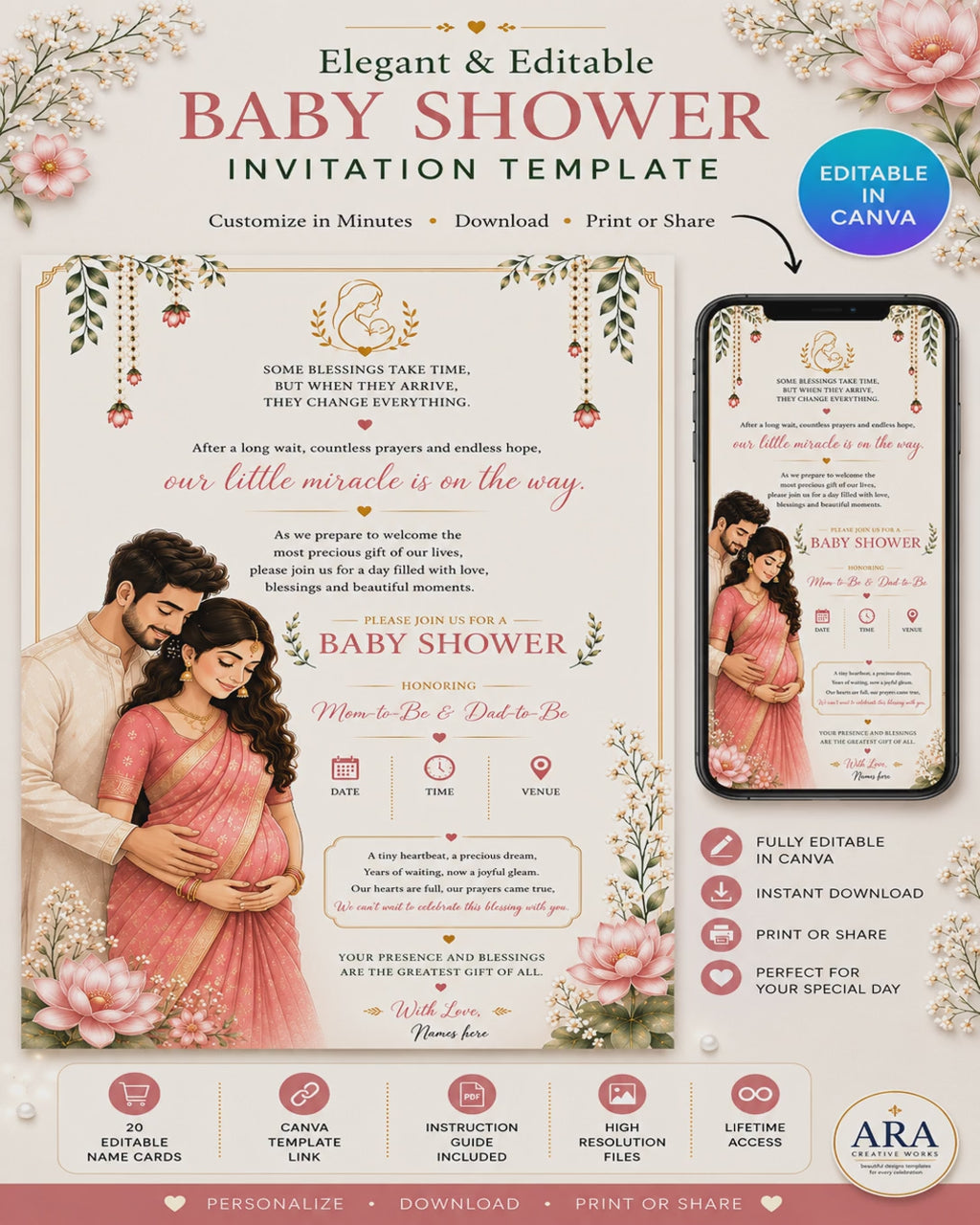 Elegant Baby Shower Invitation Template | Editable Canva Invitation | Indian Floral Baby Shower Invite | Digital Download