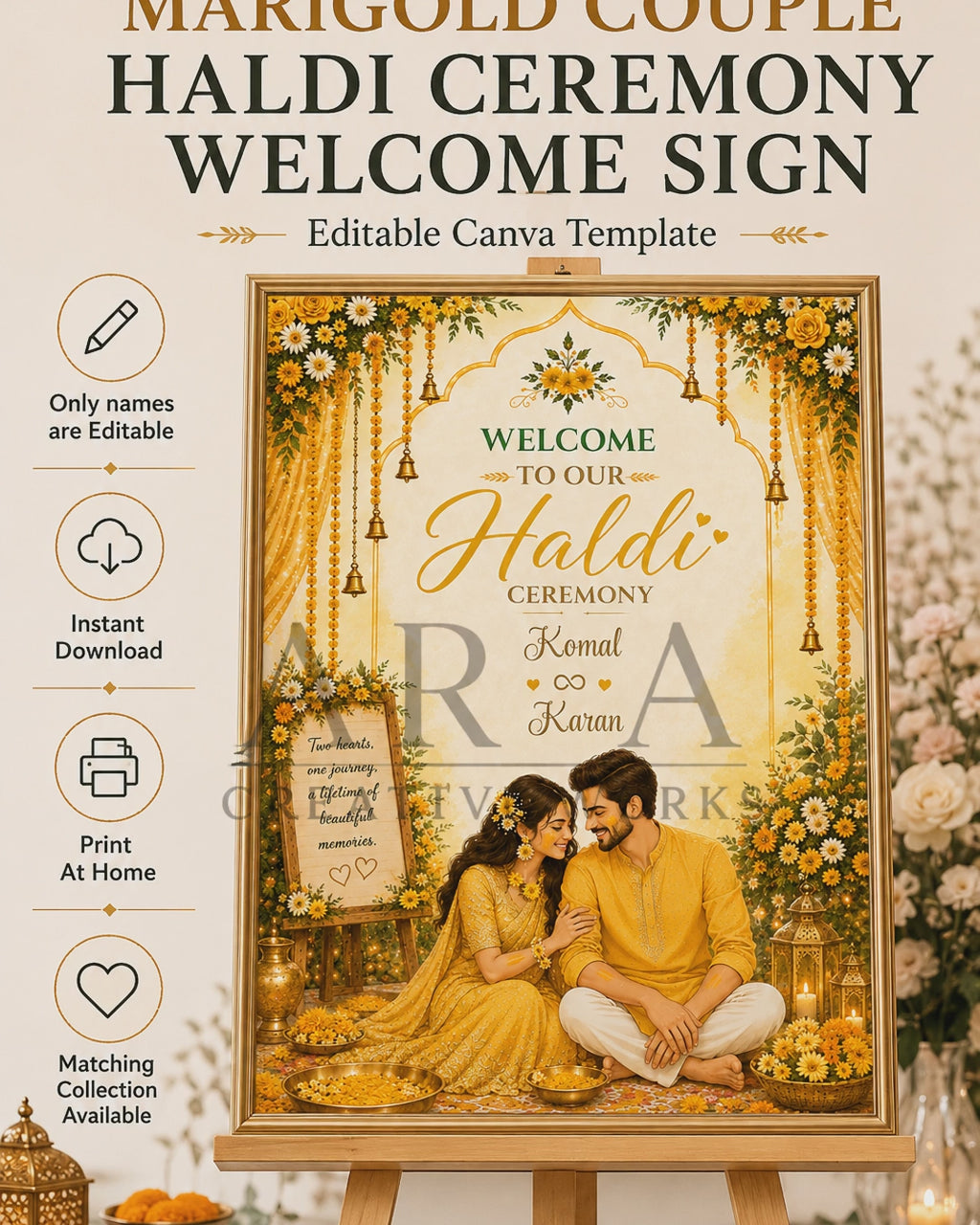 Marigold Couple Haldi Ceremony Welcome Sign | Indian Haldi Welcome Board | Editable Canva Template | Mehndi Wedding Decor | Digital Download