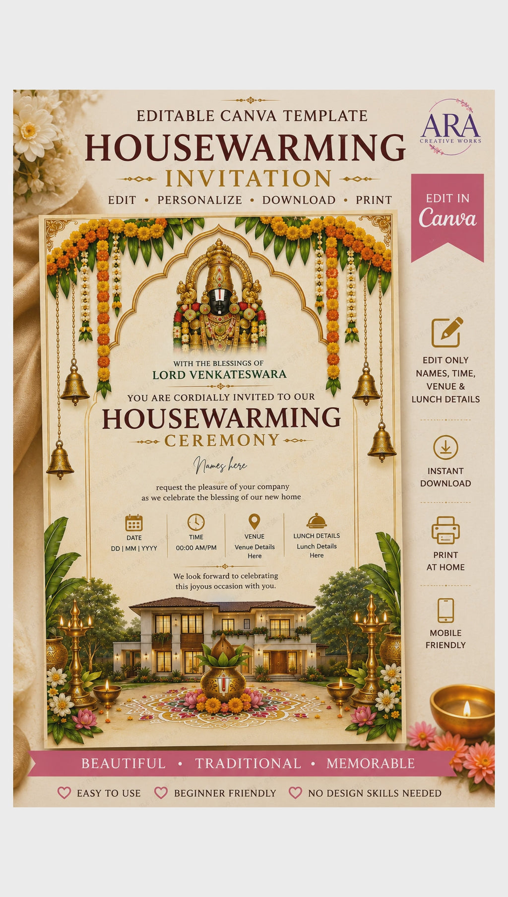 Lord Venkateswara Housewarming Invitation Template | Editable Canva Invite | Gruha Pravesh Invitation