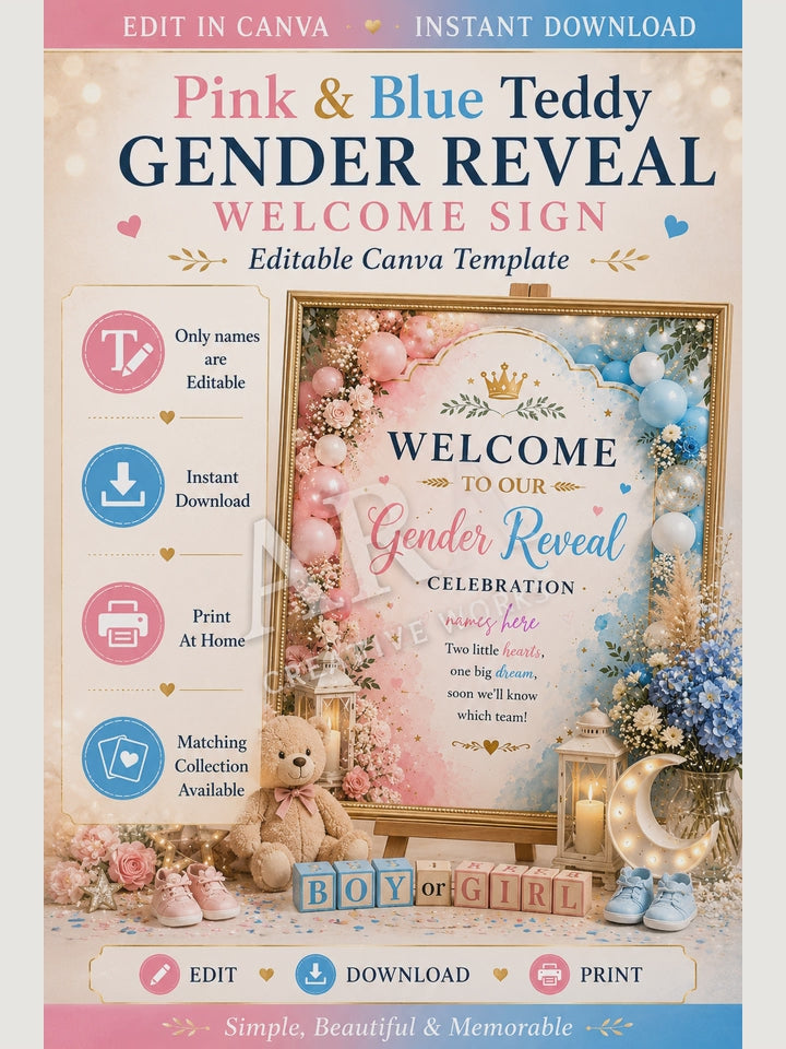 Pink & Blue Teddy Gender Reveal Welcome Sign | Editable Canva Template | Boy or Girl Gender Reveal Sign | Instant Digital Download