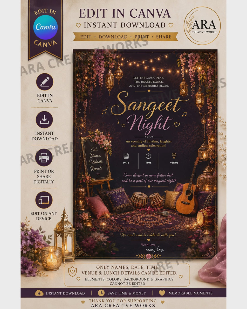 Enchanted Sangeet Night Invitation Template | Editable Canva Invitation | Instant Download