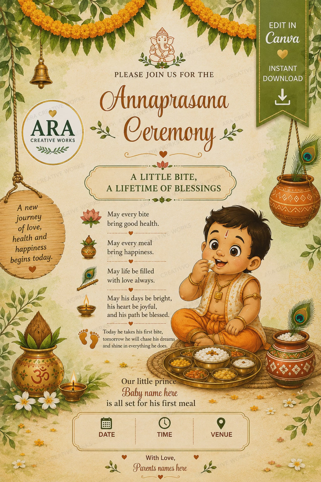 Rustic Village Annaprasana Invitation Template | Editable Canva Invitation | Baby Boy First Rice Ceremony Digital Download