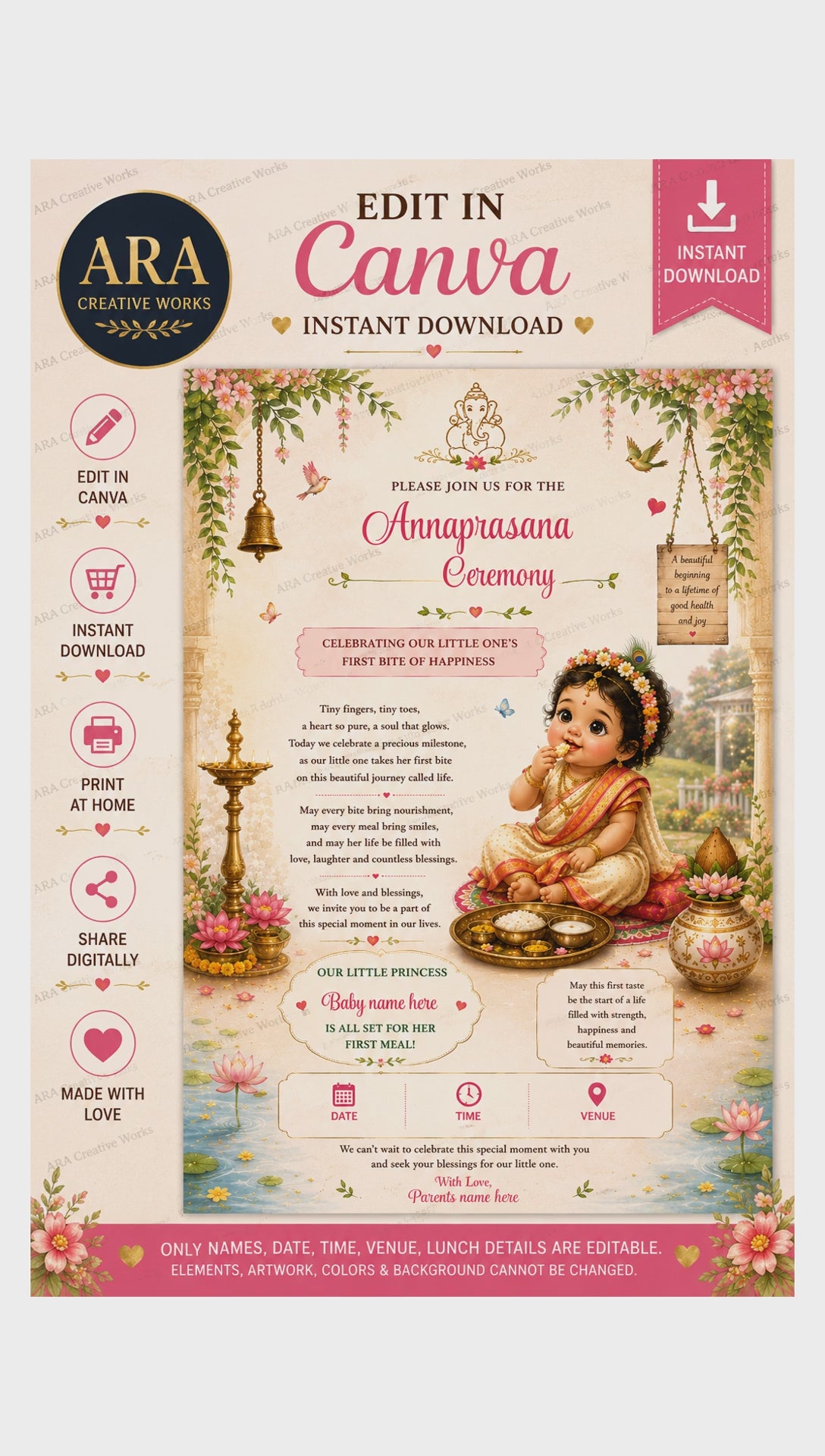 Little Princess Traditional Annaprasana Invitation | Editable Canva Template | Instant Download