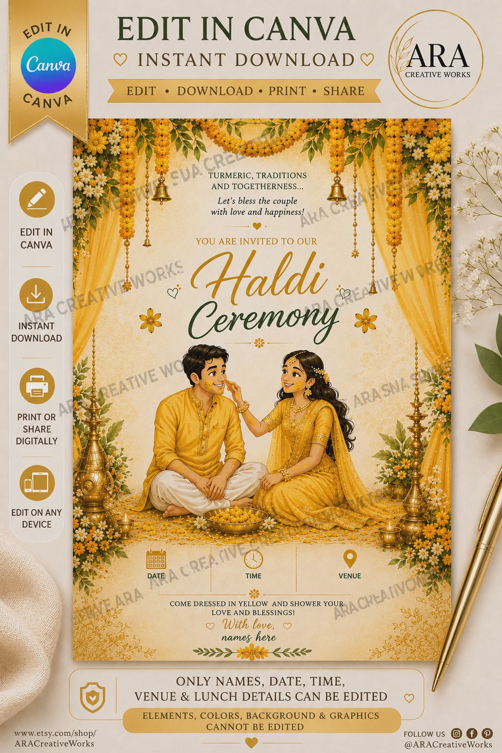 Traditional South Indian Haldi Ceremony Invitation Template | Editable Canva Invite | Instant Download