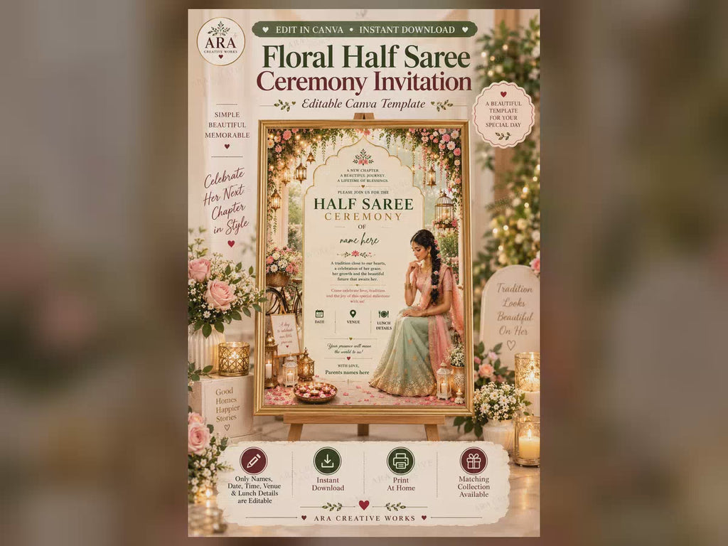 Floral Half Saree Ceremony Invitation | Editable Canva Template | Langa Voni Invitation | South Indian Ceremony Invite | Digital Download
