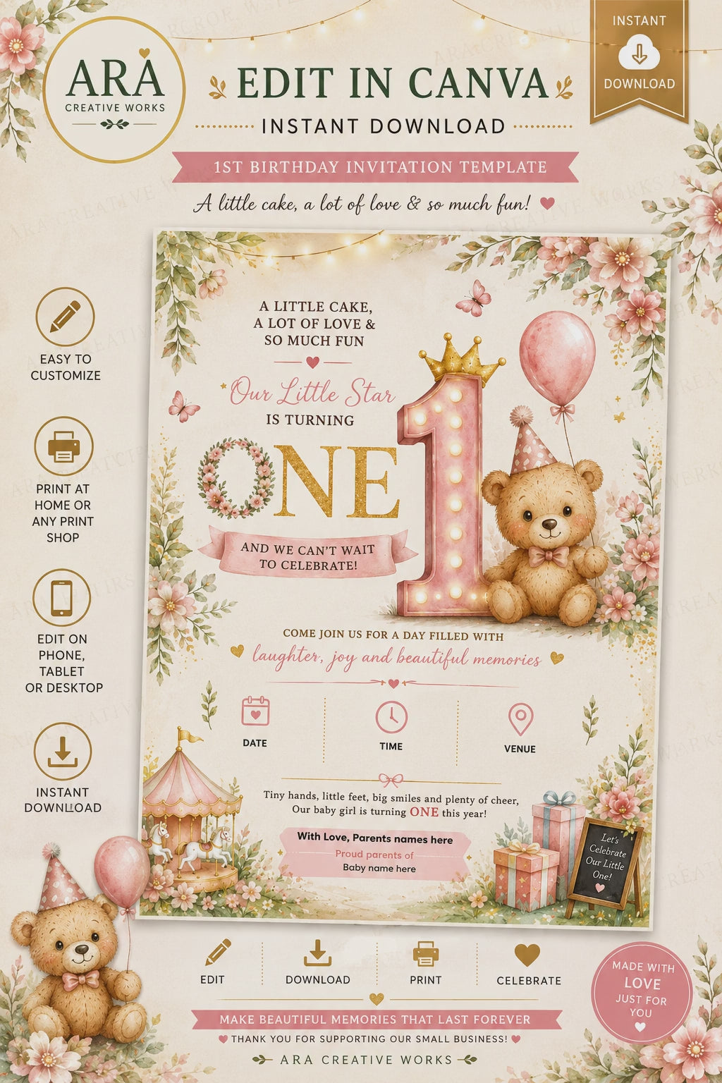 Pink Teddy Bear 1st Birthday Invitation Template | Editable Canva Girl Birthday Invite | Instant Digital Download