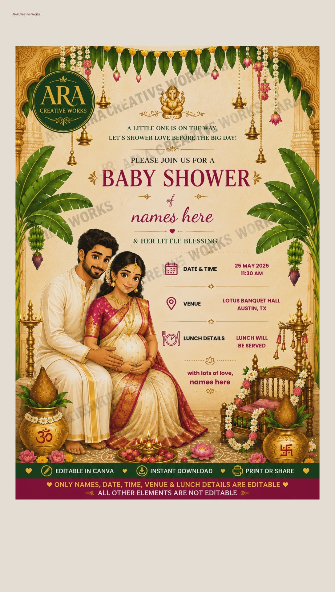 South Indian Baby Shower Couple Invitation | Editable Canva Template | Digital Download