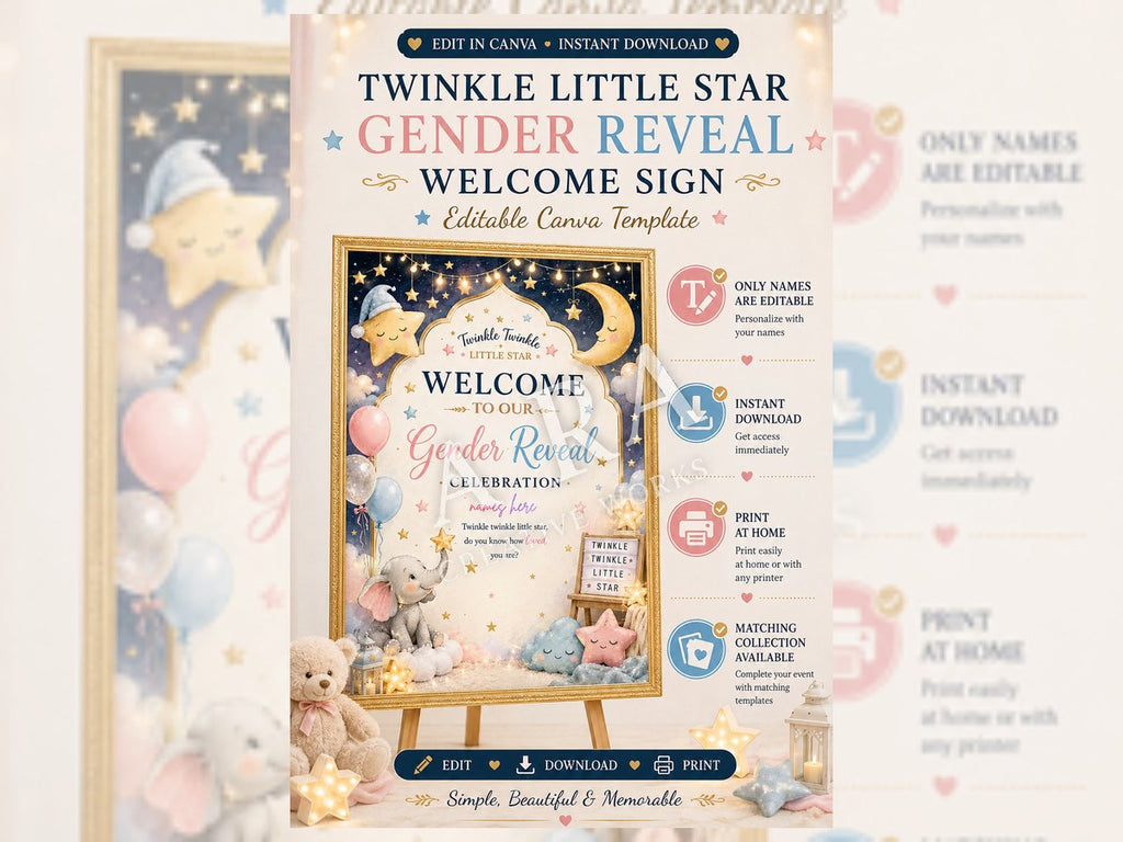 Twinkle Little Star Gender Reveal Welcome Sign | Editable Canva Template | Gender Reveal Party Sign | Pink Blue Baby Reveal | Instant Download