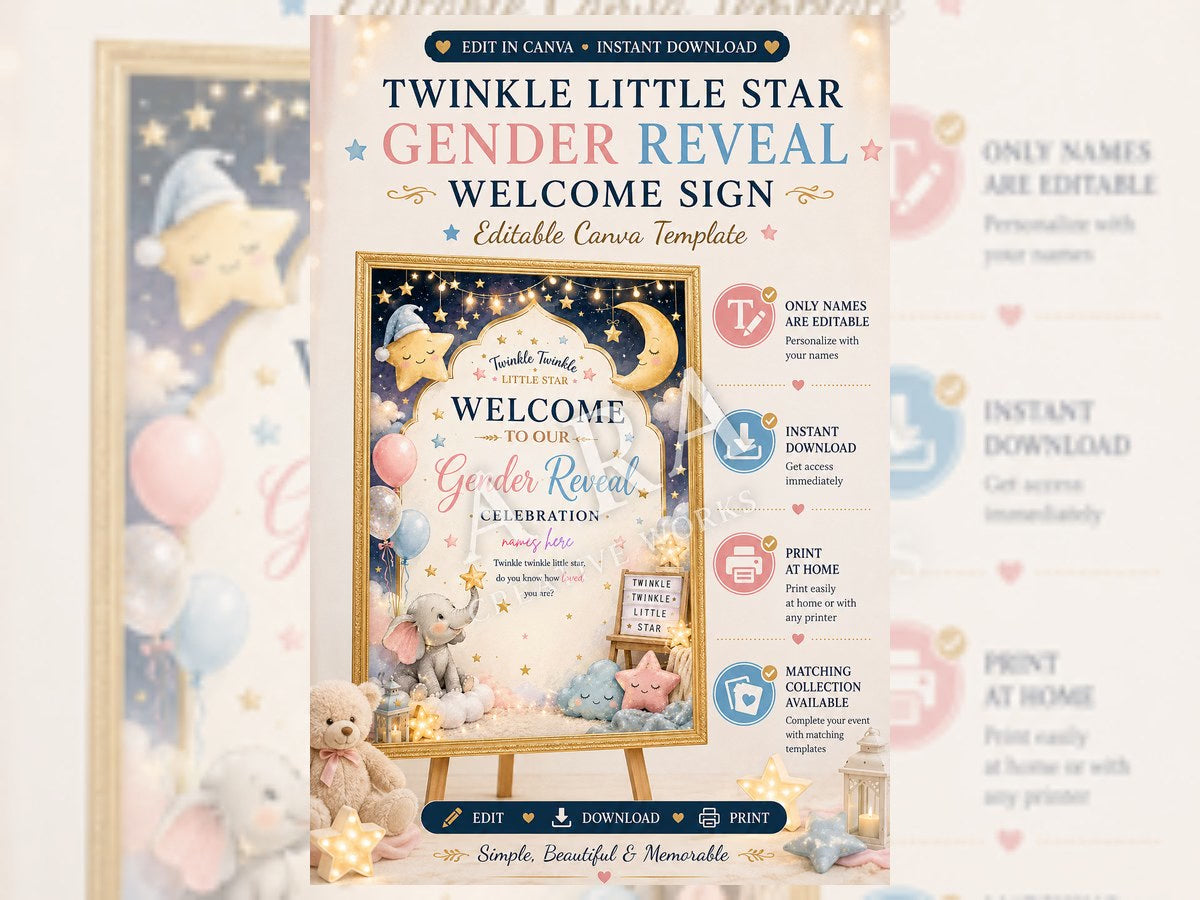 Twinkle Little Star Gender Reveal Welcome Sign | Editable Canva Template | Gender Reveal Party Sign | Pink Blue Baby Reveal | Instant Download