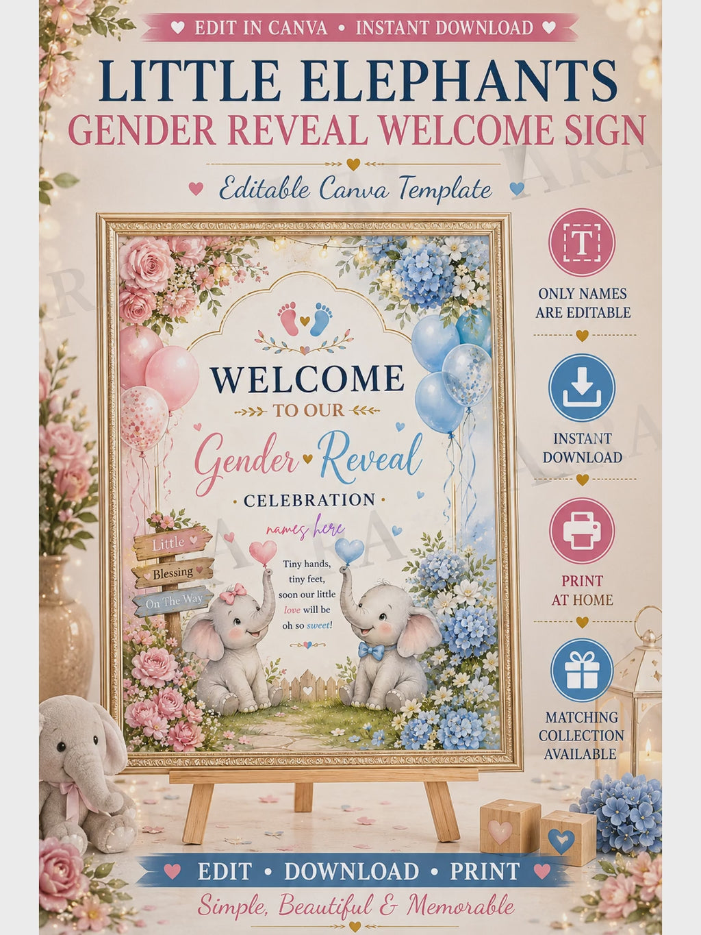 Little Elephants Gender Reveal Welcome Sign | Editable Canva Template | Pink Blue Baby Reveal Sign | Printable Gender Reveal Decor