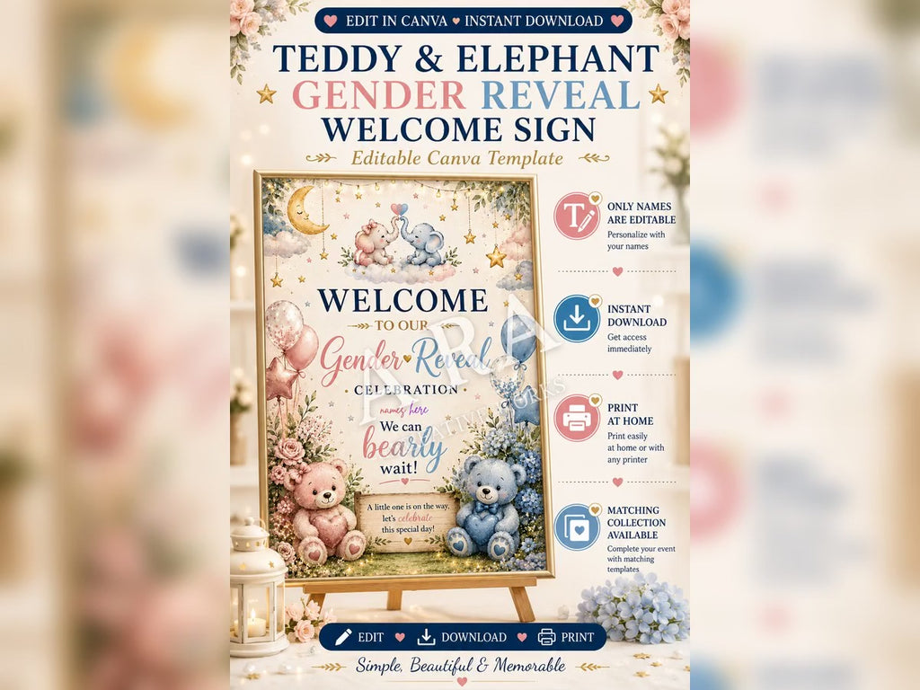 Teddy & Elephant Gender Reveal Welcome Sign | Editable Canva Template | Pink Blue Gender Reveal Sign | Printable Baby Reveal Decor