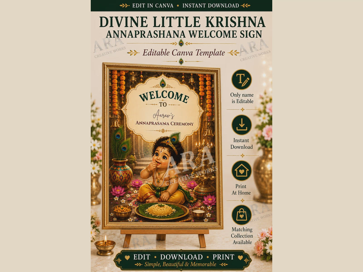 Divine Little Krishna Annaprashana Welcome Sign | Editable Canva Template | First Rice Ceremony Welcome Board | Indian Baby Ceremony Sign