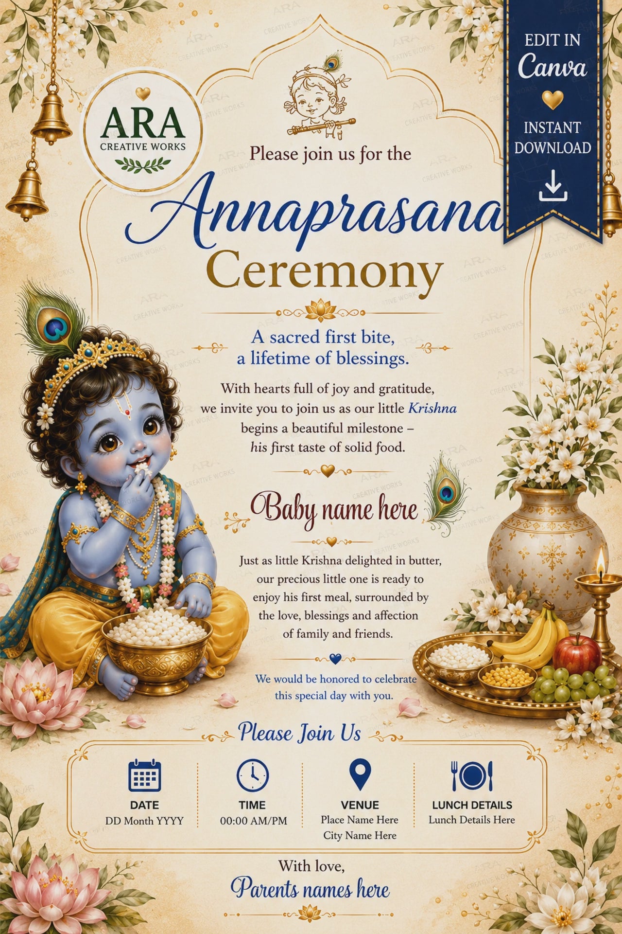 Royal Little Krishna Annaprasana Invitation | Editable Canva First Rice Ceremony Invite