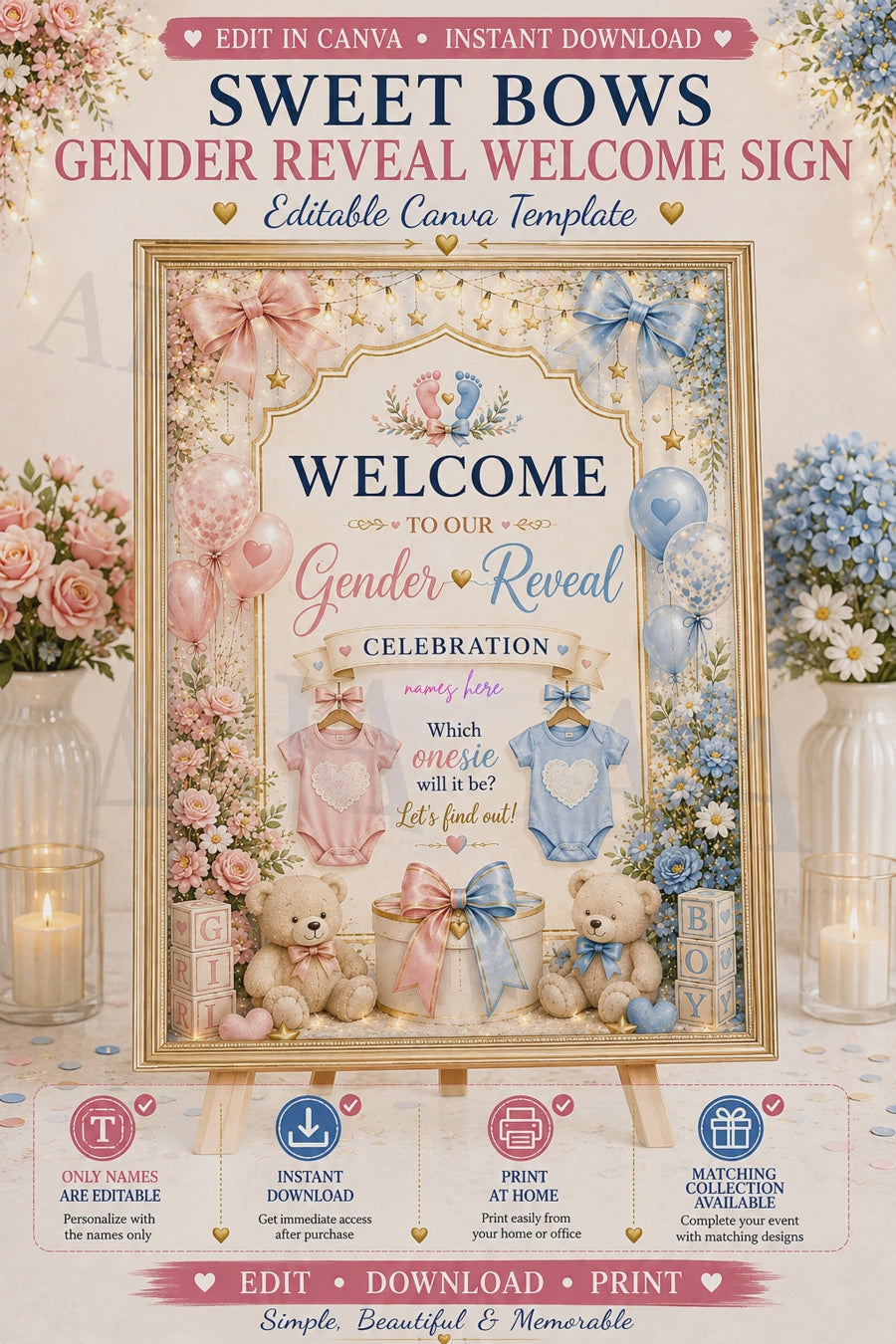 Sweet Bows Gender Reveal Welcome Sign | Editable Canva Template | Pink Blue Gender Reveal Sign | Baby Shower Welcome Sign | Instant Download