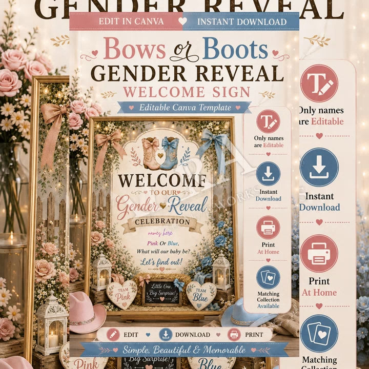 Bows or Boots Gender Reveal Welcome Sign, Editable Canva Template, Pink or Blue Gender Reveal Sign, Cowboy Western Baby Reveal Decor