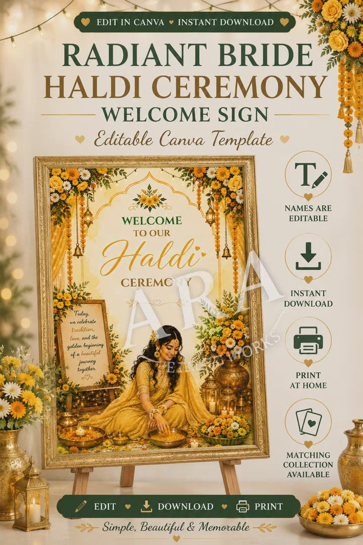 Radiant Bride Haldi Ceremony Welcome Sign, Editable Canva Template, Indian Wedding Haldi Sign, Bridal Haldi Welcome Poster, Digital Download