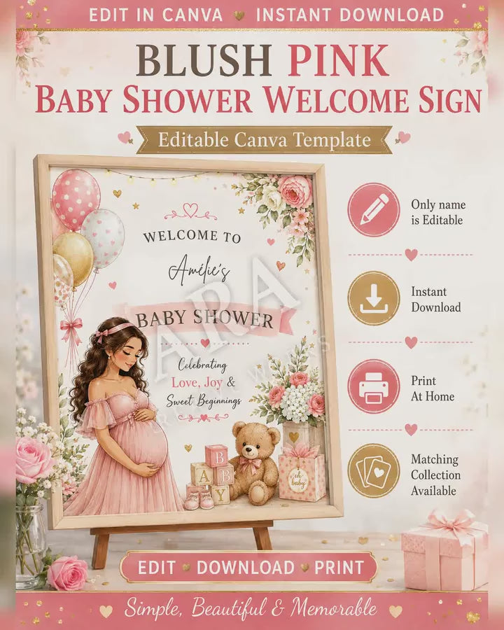 Blush Pink Baby Shower Welcome Sign | Editable Canva Template | Girl Baby Shower Sign | Pink Floral Baby Shower Decor | Digital Download