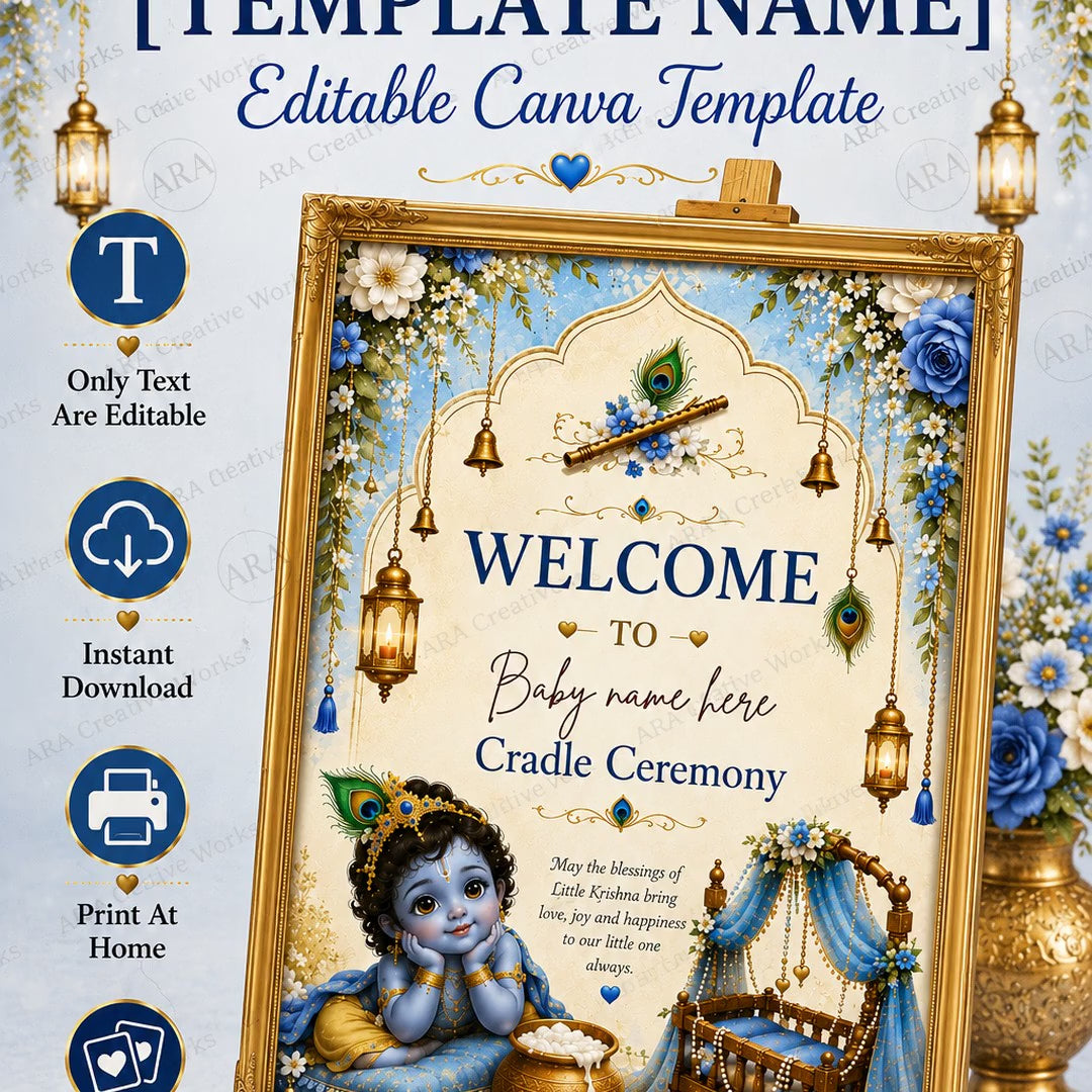 Blue Blossom Krishna Cradle Ceremony Welcome Sign – Editable Canva Template
