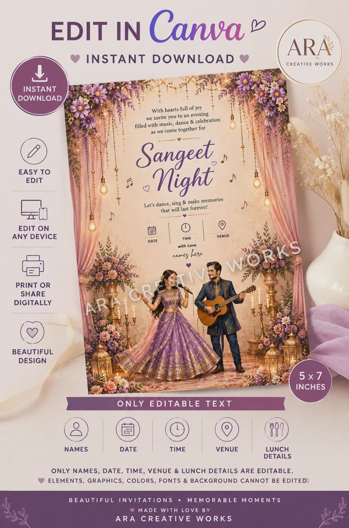 Royal Lavender Sangeet Night Invitation Template | Editable Canva Wedding Invite | Instant Download