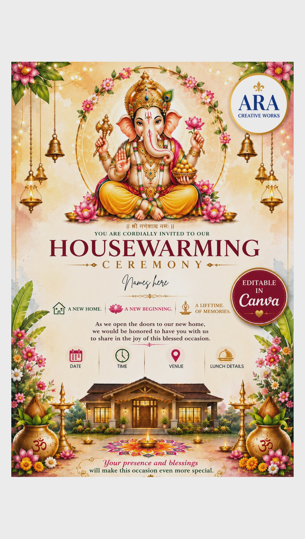 Ganesha Housewarming Invitation Template | Editable Canva Invite | Indian Gruha Pravesh Invitation | Digital Download