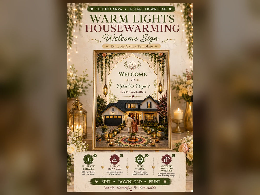 Warm Lights Housewarming Welcome Sign | Editable Canva Template | Indian Griha Pravesh Welcome Board | New Home Party Sign | Instant Download