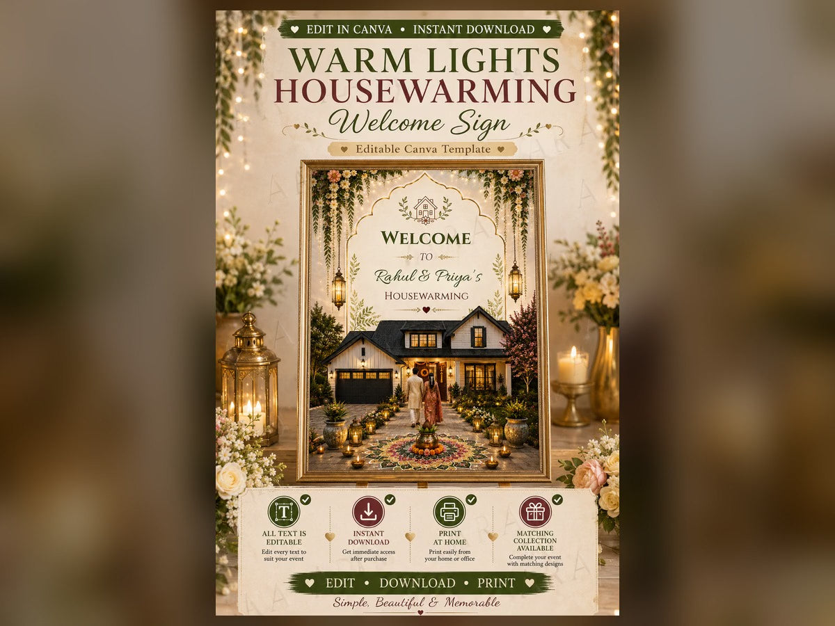Warm Lights Housewarming Welcome Sign | Editable Canva Template | Indian Griha Pravesh Welcome Board | New Home Party Sign | Instant Download
