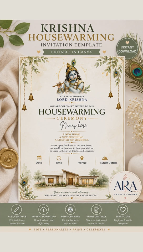 Lord Krishna Housewarming Invitation Template | Editable Canva Gruhapravesam Invitation | Digital Download