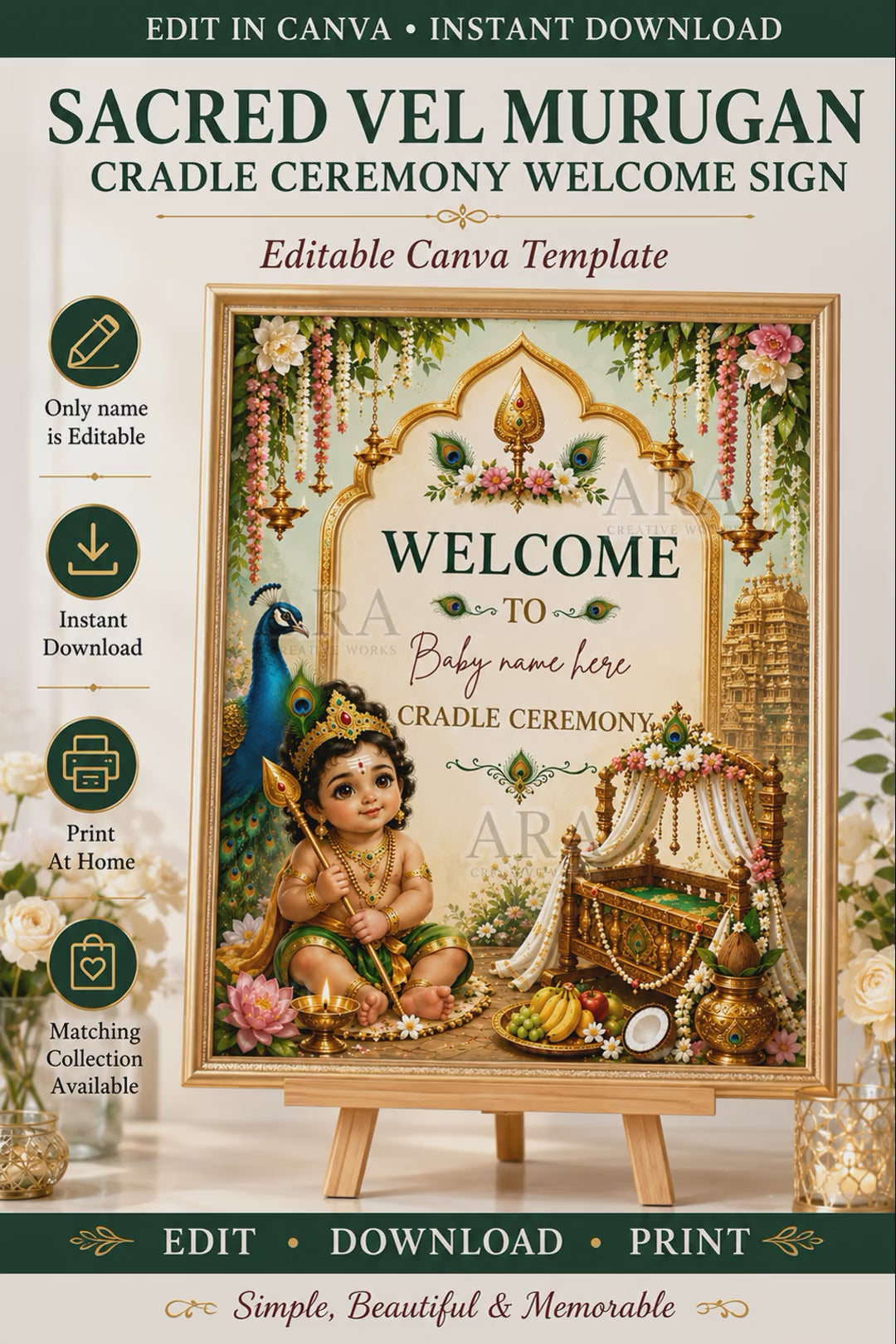 Sacred Vel Murugan Cradle Ceremony Welcome Sign, Little Murugan Baby Welcome Board, Indian Naming Ceremony Canva Template, Digital Download
