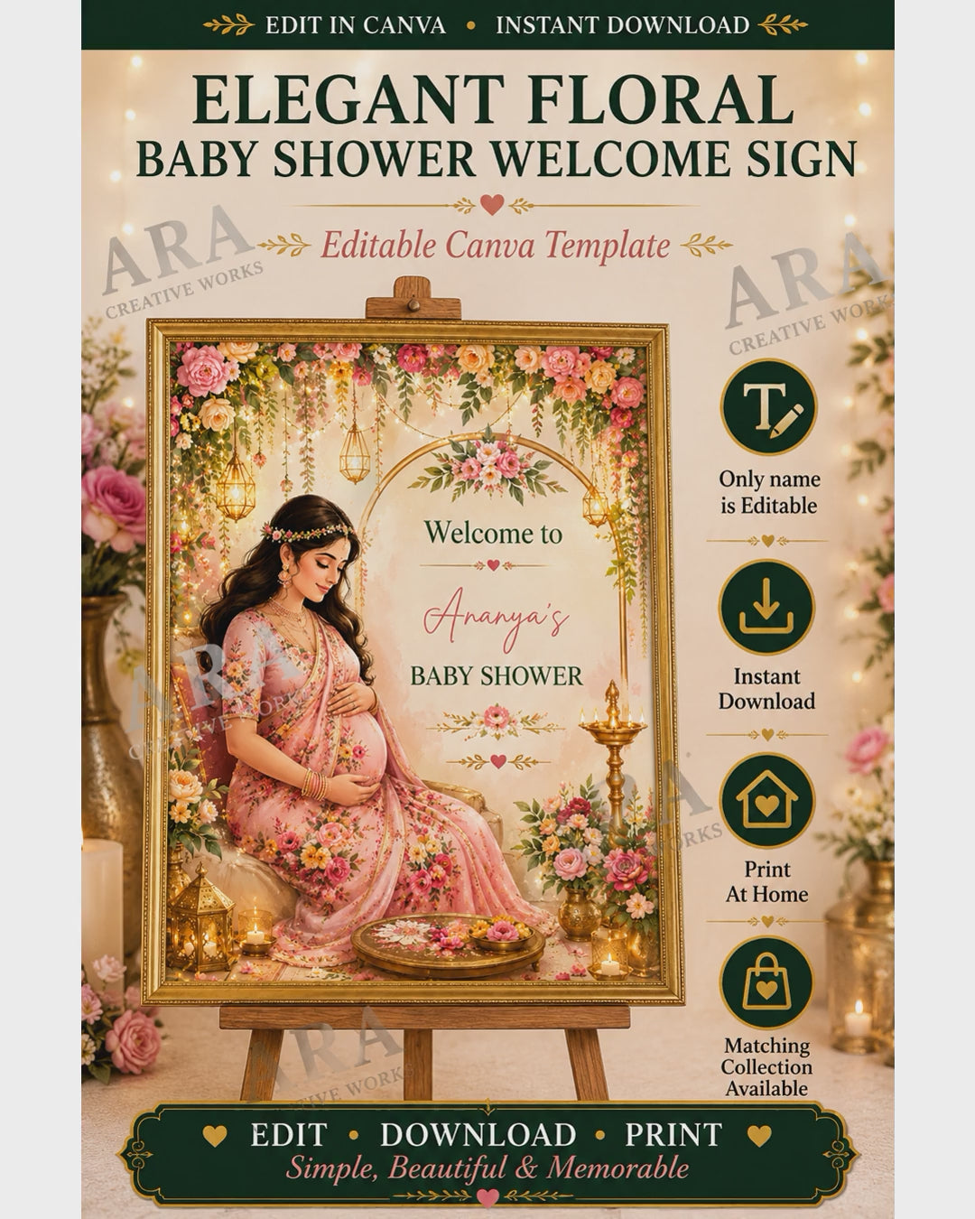 Elegant Floral Baby Shower Welcome Sign | Editable Canva Template | Indian Baby Shower Welcome Board | Floral Mom to Be Sign | Digital Download